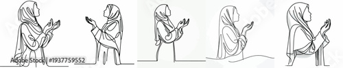 half body line art of a Muslim woman standing in prayer gesture side view