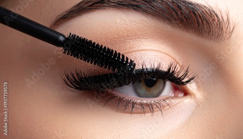 Close up of a woman's eye as mascara is applied to her eyelashes