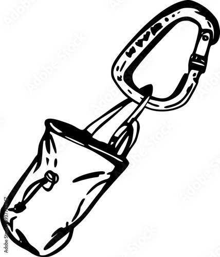 Chalk bag for rock climbing with carabiner for rock climbing. Vector black line art bouldering equipment. illustration isolated from background. Element for design of sport posters, cards, banner.