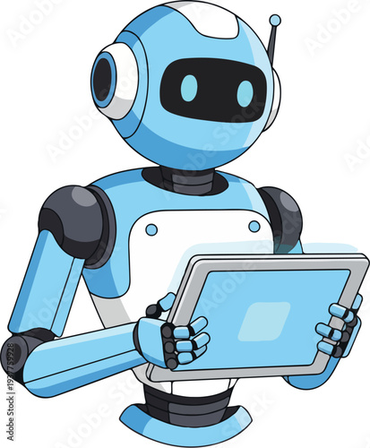 Cute robot character holding a tablet computer device