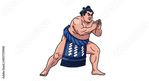 Sumo wrestler in traditional stance, ready to clash, captured from front view, illustrating strength and technique