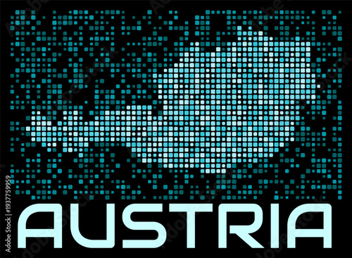 Austria digital dotted map. Shape of the country in cyan color palette on dark background. Futuristic Austria map design. Vector illustration.