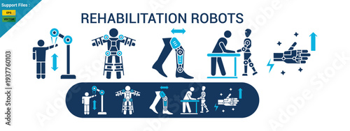 Rehabilitation robots icons illustrate assistive movement, physical assistance, and mobility restoration. Two color icons set