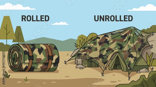 Camo Tent Rolled Unrolled.