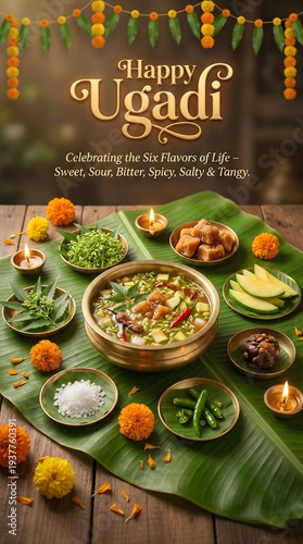 Ugadi celebration food arrangement with traditional dishes on banana leaf