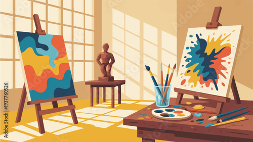 Artist's studio with two easels paintbrushes and vibrant artwork in progress on canvas boards