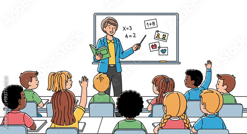 Teacher explaining mathematics to diverse students in a classroom setting from a front viewpoint