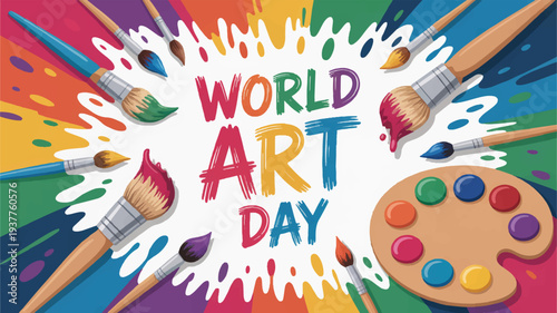 Vibrant world art day celebration with paintbrushes and palette on colorful background