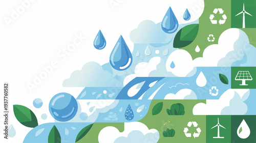 Eco friendly symbols and water droplets on green background with leaves and clouds representing environmental conservation and sustainability