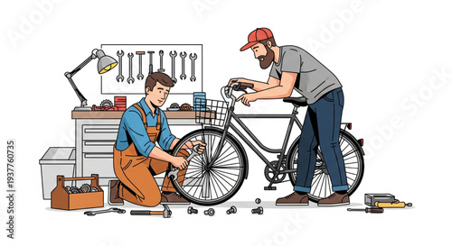 Two men repairing a bicycle in a well-equipped workshop from a slightly elevated viewpoint