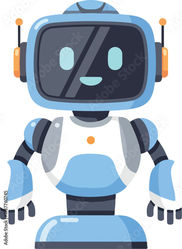 Cute blue robot character with headphones and screen