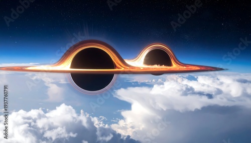 Simulated twin black holes warp space above earth's clouds against a starry sky backdrop, generating immense light