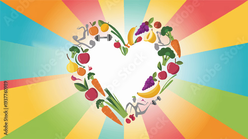 Colorful heart shape made from various fruits and vegetables on a rainbow background with rays