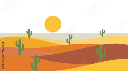 Desert landscape with sand dunes and cactus plants under a bright sun, flat vector illustration.