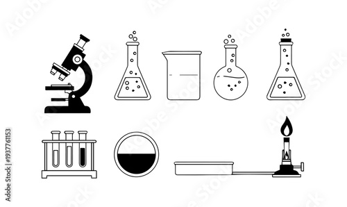 Science laboratory equipment icons set with microscope, flasks, test tubes, and burner, black outline vector illustration.