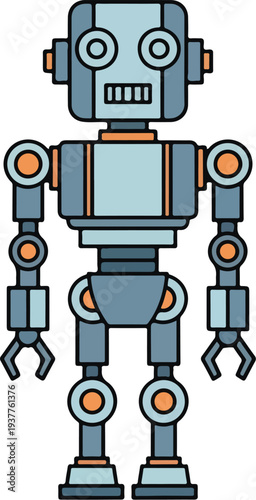 Grey robot character with orange accents standing on white background