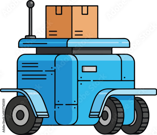 Blue robot delivering cardboard boxes on wheels with antenna