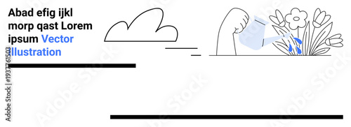 Gardening, sustainability, eco-friendly practices, nature, growth, plant care. Hand watering flowers, minimalist black and white design with blue detail. Gardening and sustainability concept