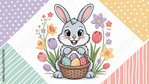 Adorable cartoon bunny holding easter eggs in a basket surrounded by colorful flowers and pastel patterns