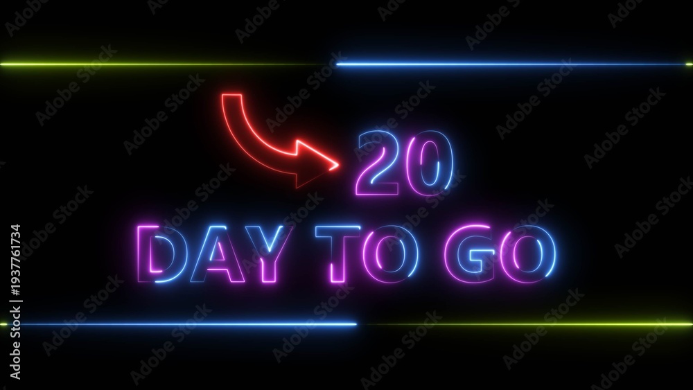 Obraz premium Neon bright text 20 day inside a horizontal banner royal blue color 4k illustration. Display day 20 text 4k illustration, calendar counter concept.