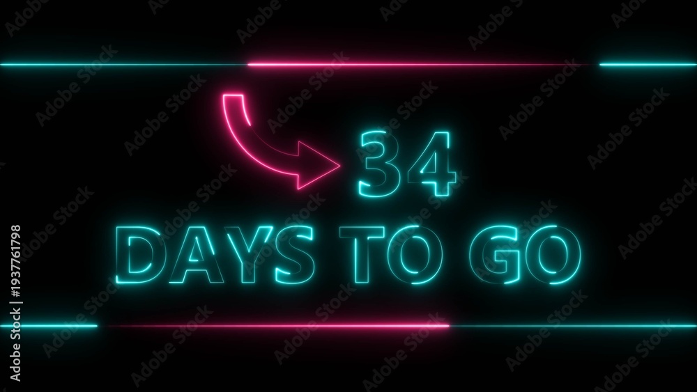 Obraz premium Neon bright text 34 day inside a horizontal banner colorful 4k illustration. Display day 34 text 4k illustration, calendar counter concept.