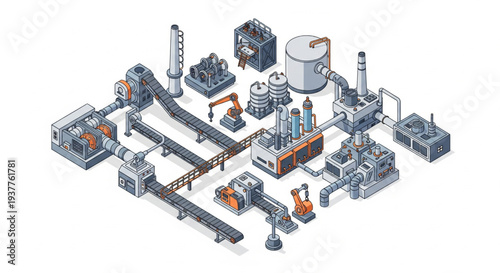Industrial Process Diagram Featuring Machines and Conveyors in a Manufacturing Facility Viewed from Above
