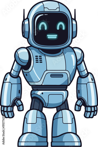 Cute robot character in futuristic blue metallic suit standing alone