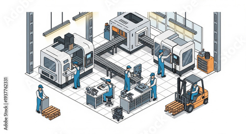 Industrial facility with workers operating machinery and equipment in a manufacturing setting viewed from above