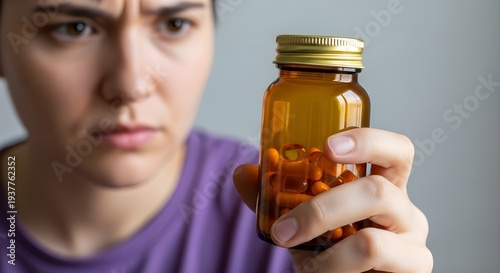 Skeptical man inspects amber bottle of supplement capsules, questions benefits and safety before starting a new wellness routine.