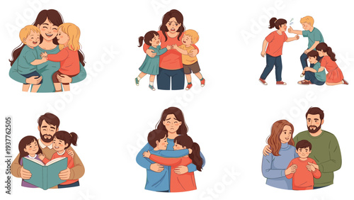 Emotional set of family illustrations showing parents comforting children, reading stories, and siblings having an argument.