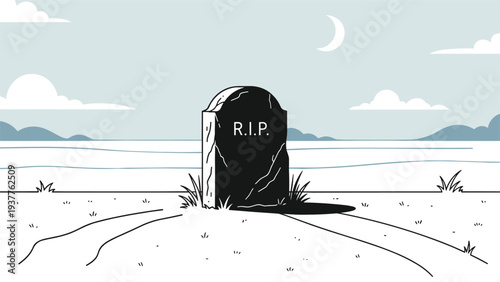 Somber cemetery scene at night featuring a single stone tombstone marked R.I.P. located near the peaceful ocean shore.