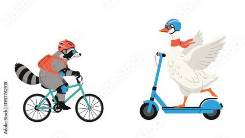 Whimsical illustration of a raccoon riding a bicycle and a white goose traveling on a blue electric scooter for fun.