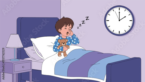Young boy yawning and feeling sleepy in bed while hugging a teddy bear next to a wall clock showing two o-clock at night.