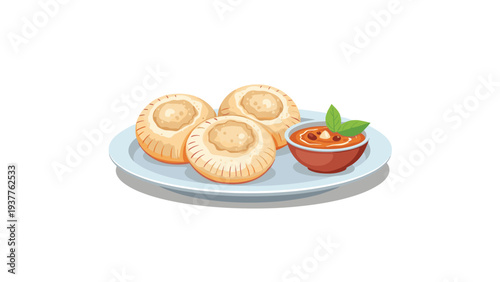 Traditional food presentation featuring savory pastries on a plate served with a bowl of spicy red tomato dipping sauce.