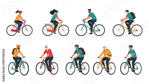 Diverse group of people from young children to seniors riding bicycles together for transportation and outdoor recreation.