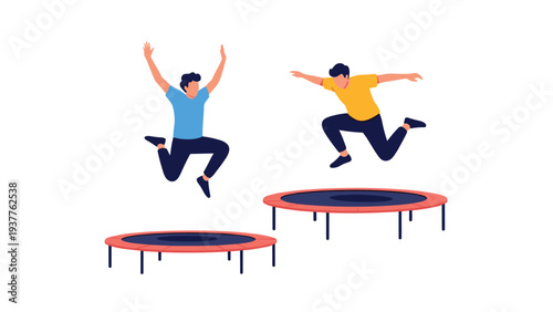 Energetic young men jumping high on red trampolines for fun and fitness exercise against a clean white background.