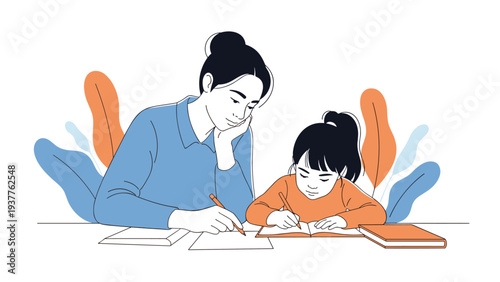 Mother patiently helping her young daughter with school homework and writing in a notebook at a study desk in their home.