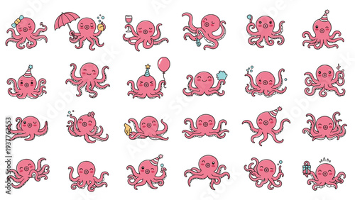 Whimsical set of cute pink octopus characters celebrating with party hats, balloons, drinks, and various playful props.