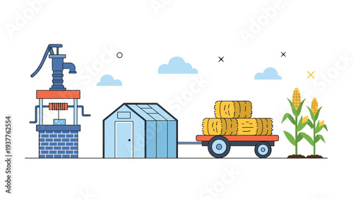 Rural farm life illustration featuring a traditional water well, a greenhouse, and a wagon loaded with stacks of hay.