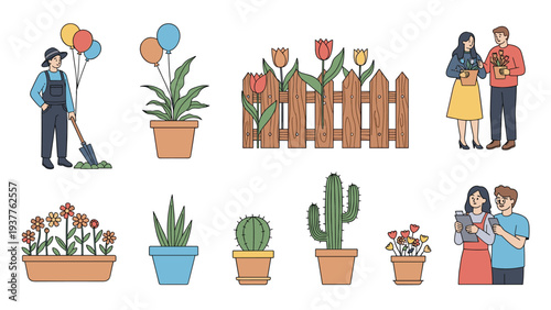 Gardening collection featuring people planting flowers, various cacti in pots, and decorative wooden fence elements.