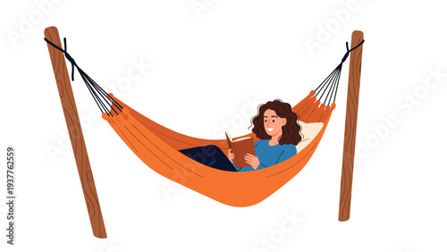Relaxing scene of a young woman comfortably reading a book while lying in an orange hammock tied to wooden garden posts.