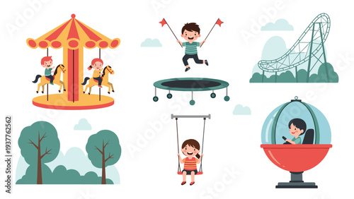 Collection of fun amusement park attractions including a colorful carousel, roller coaster, swings, and children playing.