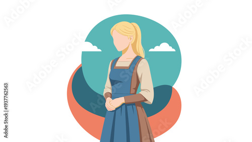 Elegant illustration of a blonde woman in a traditional blue dress standing against a scenic and colorful outdoor backdrop.