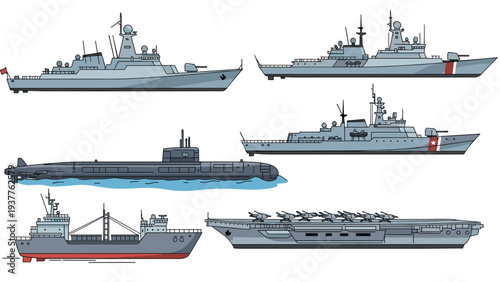 Detailed set of naval military ships including warships, a submarine, a large aircraft carrier, and naval supply vessels.