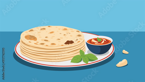 Delicious stack of traditional indian flatbread served on a white plate with a side of spicy red dipping sauce and basil.