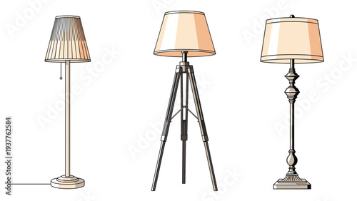 Three distinct styles of modern and traditional floor lamps featuring various shades and base designs for interior decor.