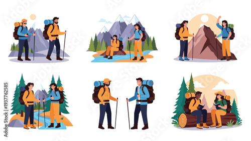 Collection of hikers and backpackers exploring mountain trails, resting by streams, and reading maps in nature scenes.