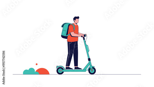 Young man wearing an orange shirt and carrying a backpack rides a modern turquoise electric scooter through the city streets.