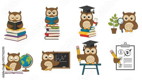 Group of intelligent owl characters engaged in educational activities such as reading, teaching, and graduating from school.
