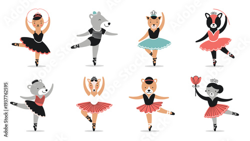 Adorable set of cartoon animals including bears and cats dressed as ballerinas performing various classical dance poses.